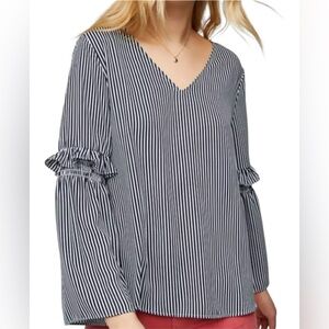 Loft EUC Navy Blue & White Striped Long Bell Sleeve Blouse